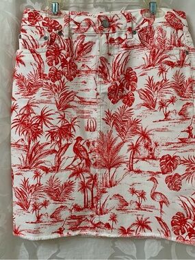 J. McLaughlin Red and White Tropical island palm  Print Jean mini skirt Sz 0